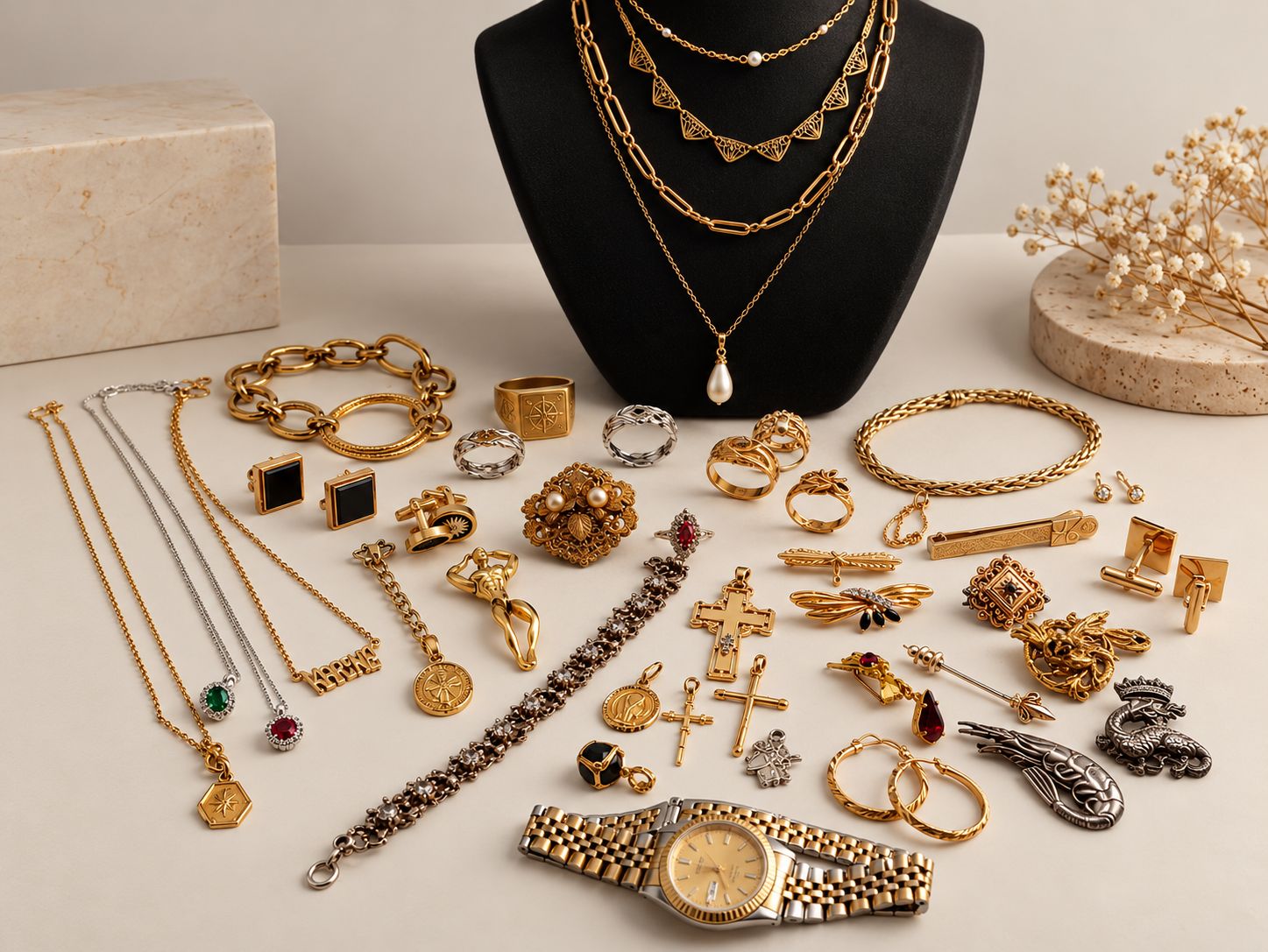 Ensemble de bijoux fantaisie : colliers, broches, bagues, boucles d'oreilles et bracelets dorés